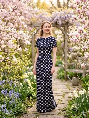 GRECERELLE Women’s Small Maxi Dress Blue & White Polka Dot Flowy Spring Basic